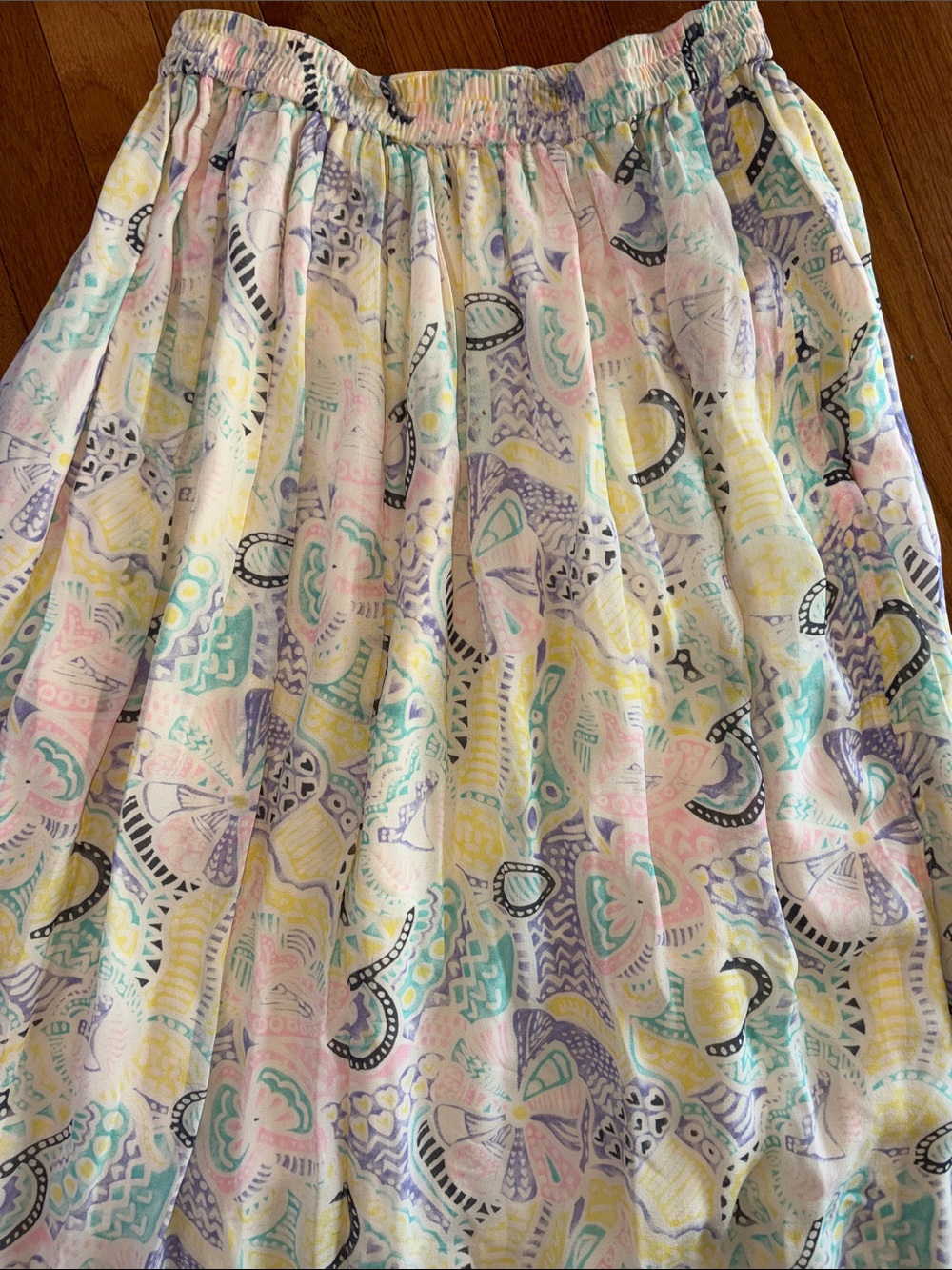 Go Silk Vintage Size 2 100% Silk Pastel Abstract Print Midi Skirt Elastic Waist - Picture 5 of 6